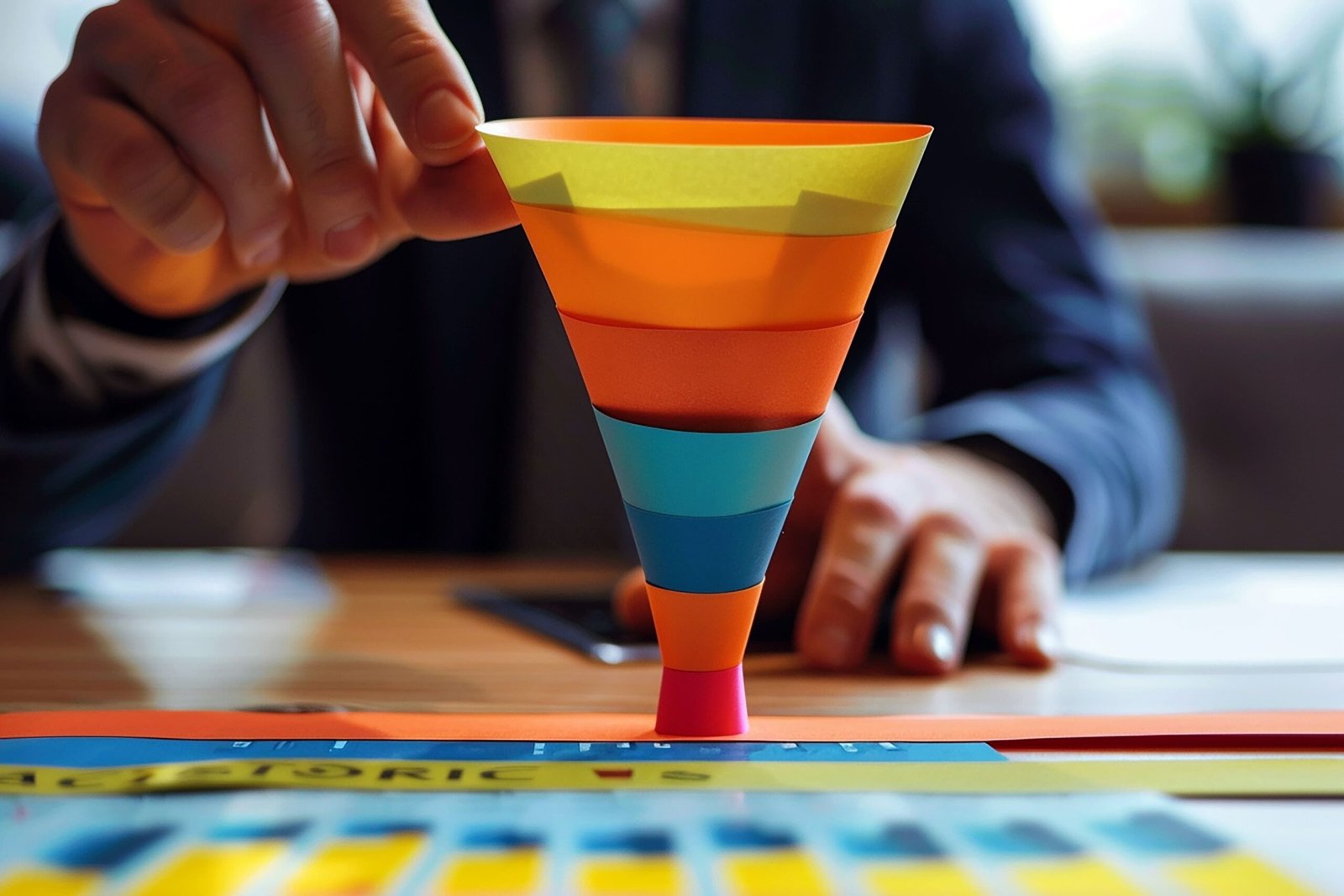 Foto de uma mão segurando um funil colorido de papel sobre uma mesa de madeira, representando um funil de vendas B2B.
