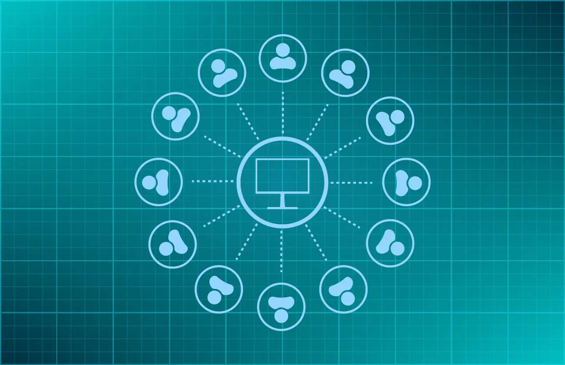 Ilustração do conceito de tráfego digital por meio da conexão de diferentes ícones de usuários com uma tela de computador central.