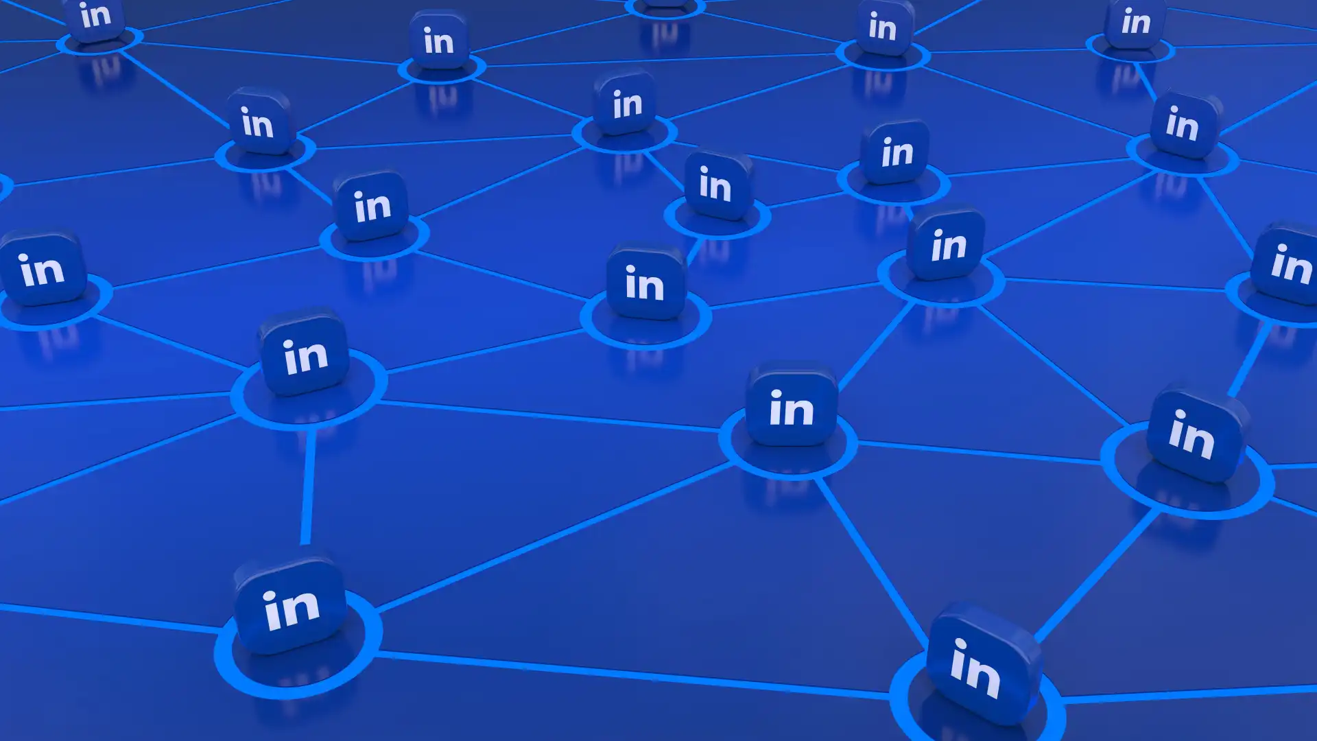 Montagem de diversos logotipos da rede social LinkedIn em uma rede interconectada, representando as conexões entre empresas B2B em mídias sociais corporativas.