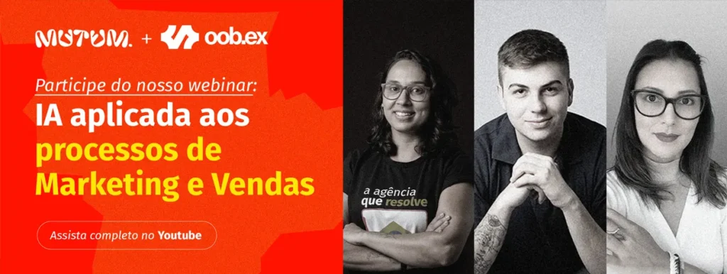 Banner promocional da gravação do webnar da Agência Mutum sobre "IA aplicada aos processos de Marketing e Vendas" disponível no YouTube.
