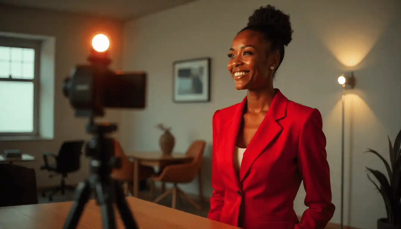 Imagem gerada por IA (inteligência artificial) de uma mulher negra influente de terno vermelho sorrindo, gravando um vídeo de recomendação de uma empresa B2B para outros tomadores de decisão, exemplificando o funcionamento de uma estratégia de marketing influência no mercado business-to-business.