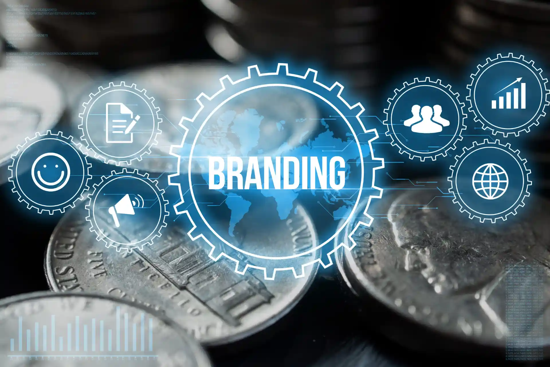 Ilustração da abrangência do branding por meio de ícones digitais sobre moedas, representando como a gestão de marca é importante para o lucro de uma empresa.