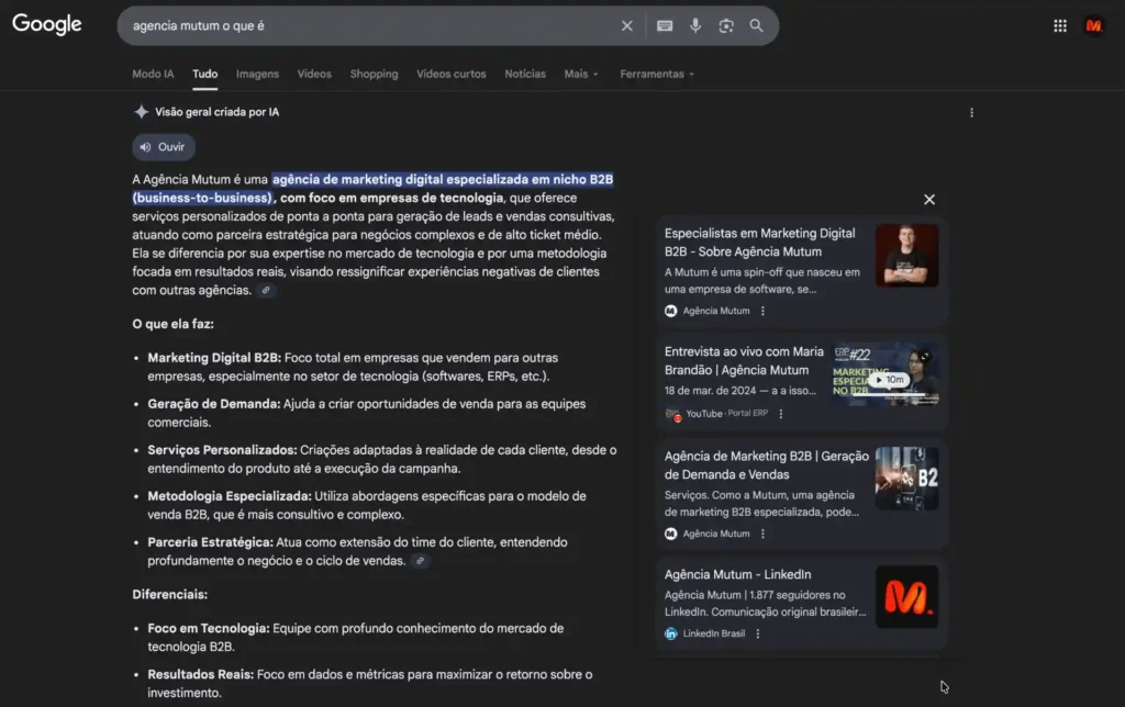 Captura de tela (print screen) da página de resultados do Google, mostrando uma resposta completa da AI Overview para a busca “agência mutum o que é”, incluindo os serviços oferecidos pela Agência Mutum, seus diferenciais competitivos, além de recomendação de materiais no site, no YouTube e no LinkedIn da agência.
