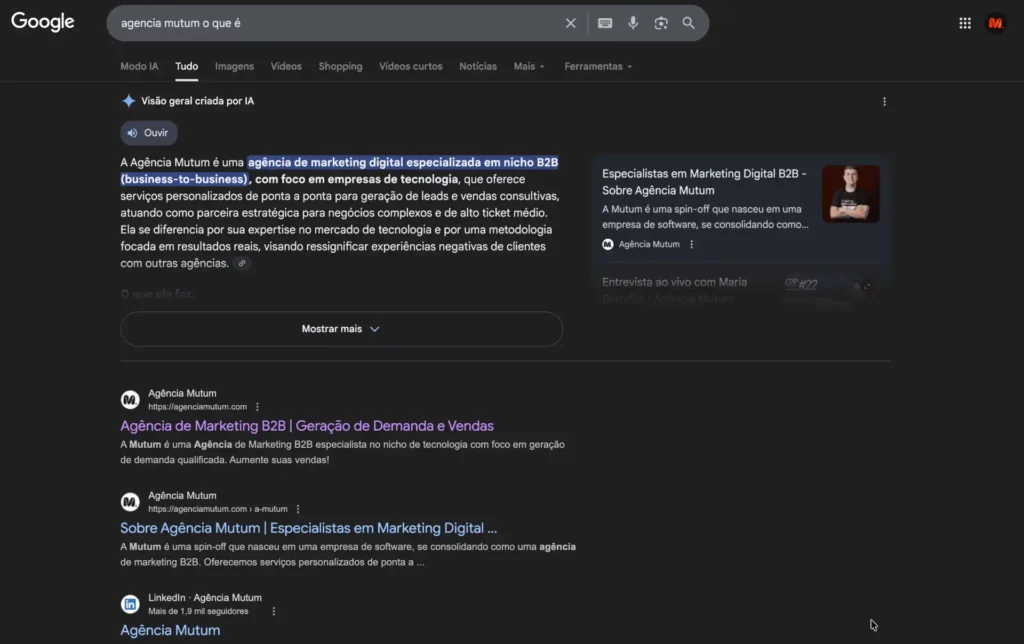 Captura de tela (print screen) da página de resultados do Google, mostrando um resumo da AI Overview para a busca “agência mutum o que é”.
