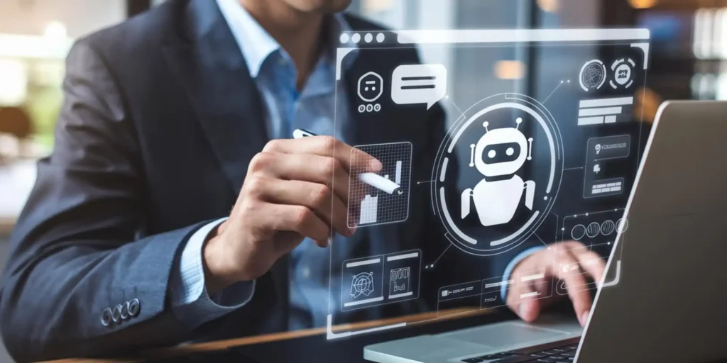 Montagem de um decisor B2B usando tecnologia de inteligência artificial com interface holográfica para pesquisar fornecedores.