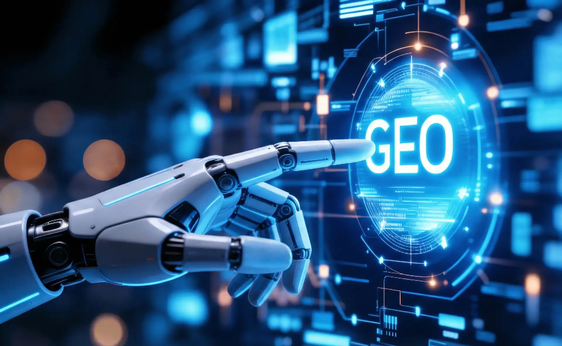Imagem gerada por inteligência artificial de uma mão robótica humanoide apontando para a palavra "GEO", sigla de Generative Engine Optimization, em um ambiente digital futurista, simbolizando a evolução do SEO na era das IAs generativas.