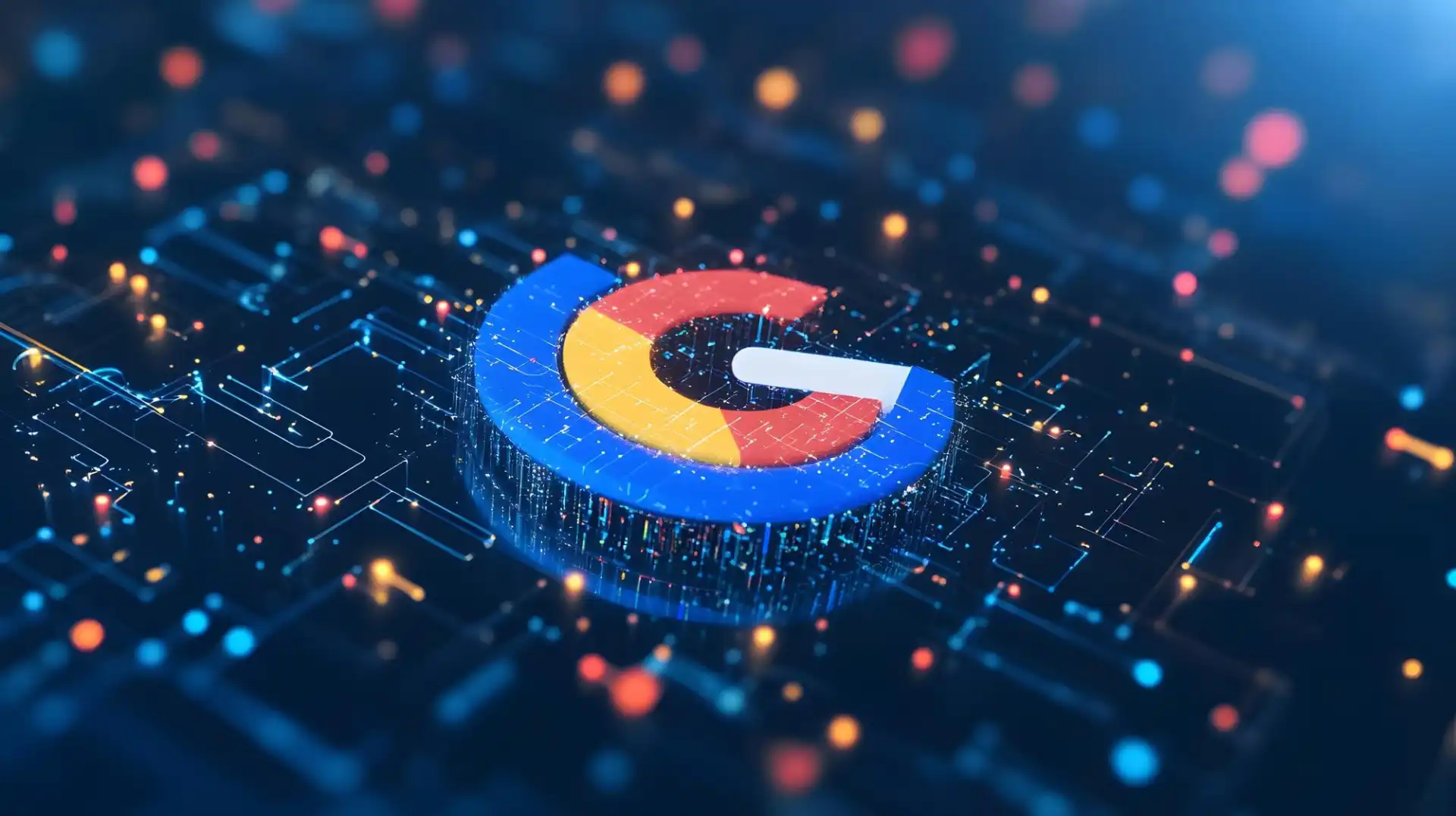 Imagem digital futurista mostrando a logo do Google com efeitos de luzes coloridas da cor da marca em um fundo tecnológico, representando inovação avançada.