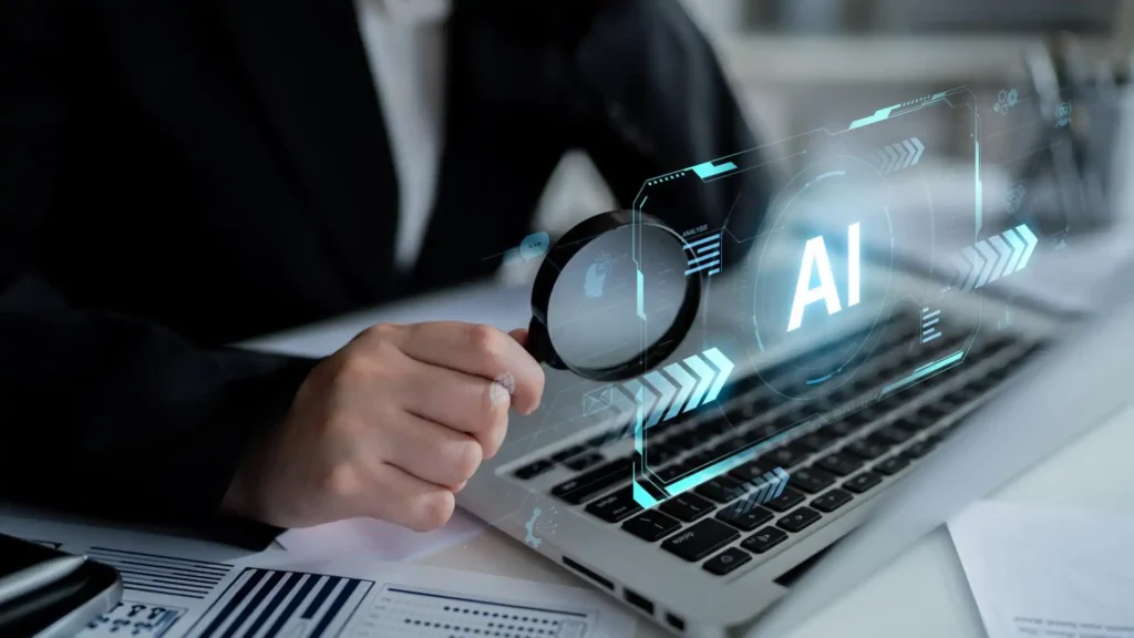 Montagem representativa de uma pesquisa corporativa auxiliada pela inteligência artificial generativa.