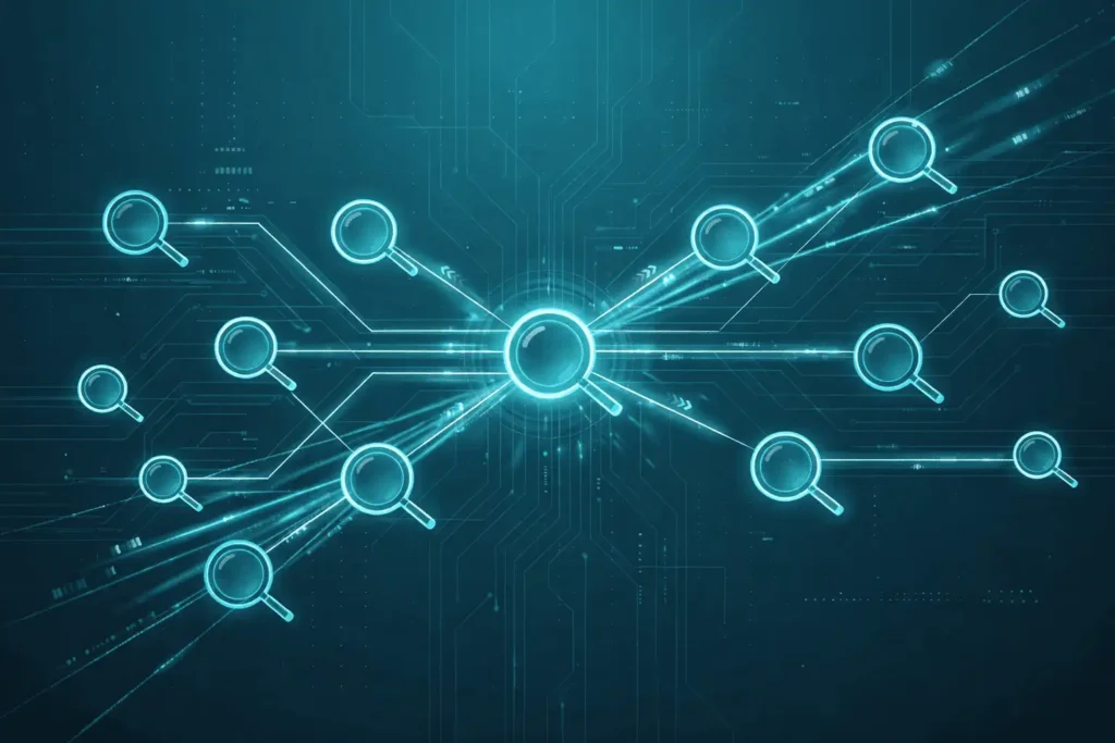 Ilustração digital gerada por inteligência artificial de uma rede de buscas conectadas devido à evolução do SEO tradicional, em vista do novo ecossistema de busca.