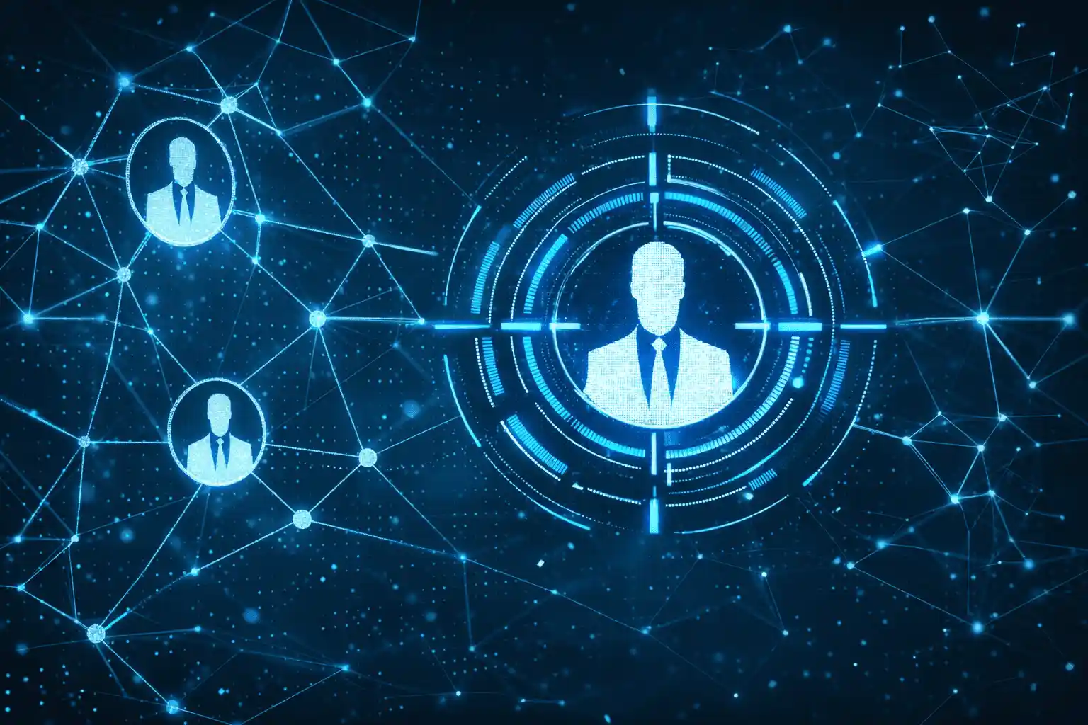 Imagem gerada por inteligência artificial de uma rede de conexões e perfis de pessoas executivas, representando o direcionamento do Account-Based Marketing (ABM) 2.0 para contas com real possibilidade de gerar negócios de valor.