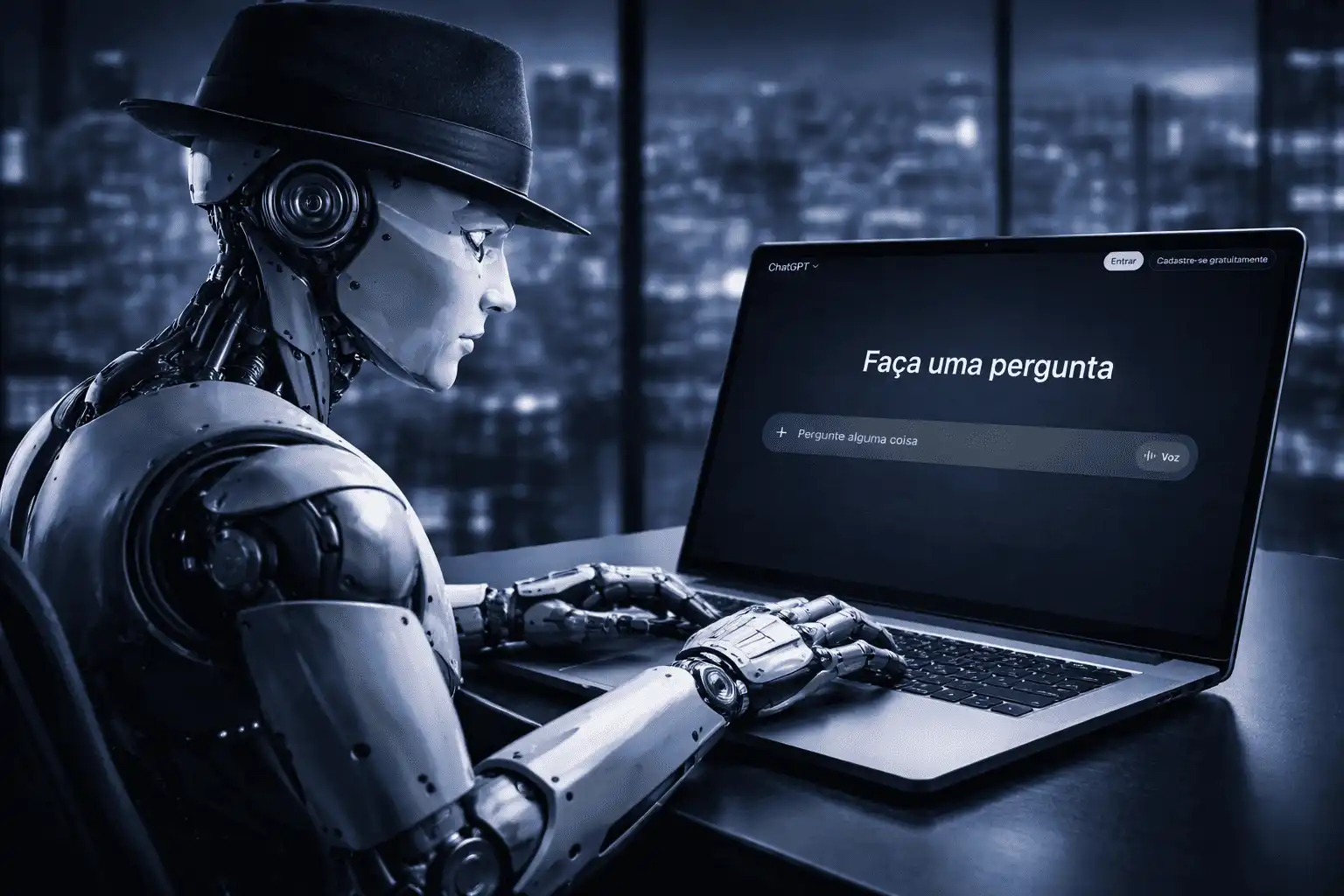 Imagem futurista gerada por inteligência artificial de um robô humanoide de chapéu preto usando um computador portátil aberto na tela inicial do ChatGPT, representando o conceito de Black Hat GEO.