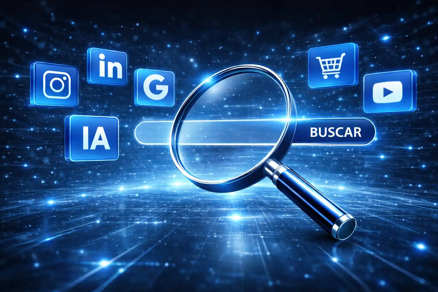 Imagem gerada por inteligência artificial de uma lupa digitalizada na frente de uma barra de busca com ícones representando redes sociais, IA e marketplaces ao redor, ilustrando o conceito de Search Everywhere Optimization, o novo SEO.