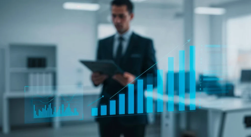 Foto de um CMO em um escritório moderno analisando os resultados obtidos com Growth Marketing B2B em um tablet.