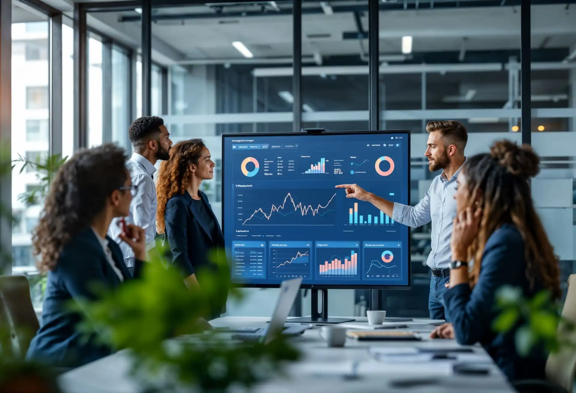 Imagem gerada por inteligência artificial de uma equipe de marketing interpretando dados para tomar decisões com mais precisão em um escritório, representando o conceito de data-driven marketing.