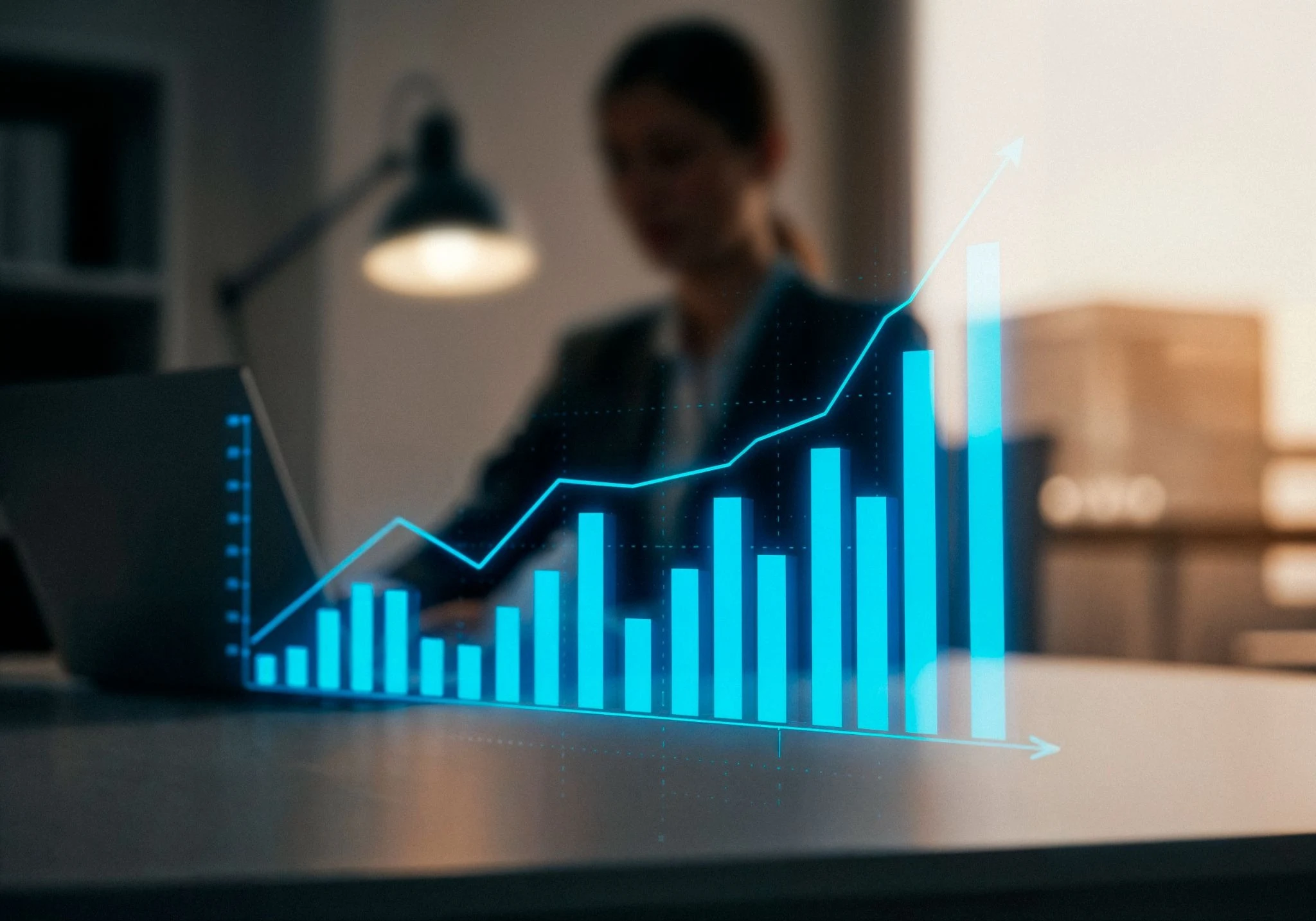 Imagem gerada por inteligência artificial de uma CMO (Chief Marketing Officer) trabalhando em um escritório moderno e, na frente dela, uma projeção de um gráfico de barras digital crescendo, representando o conceito de Growth Marketing B2B.