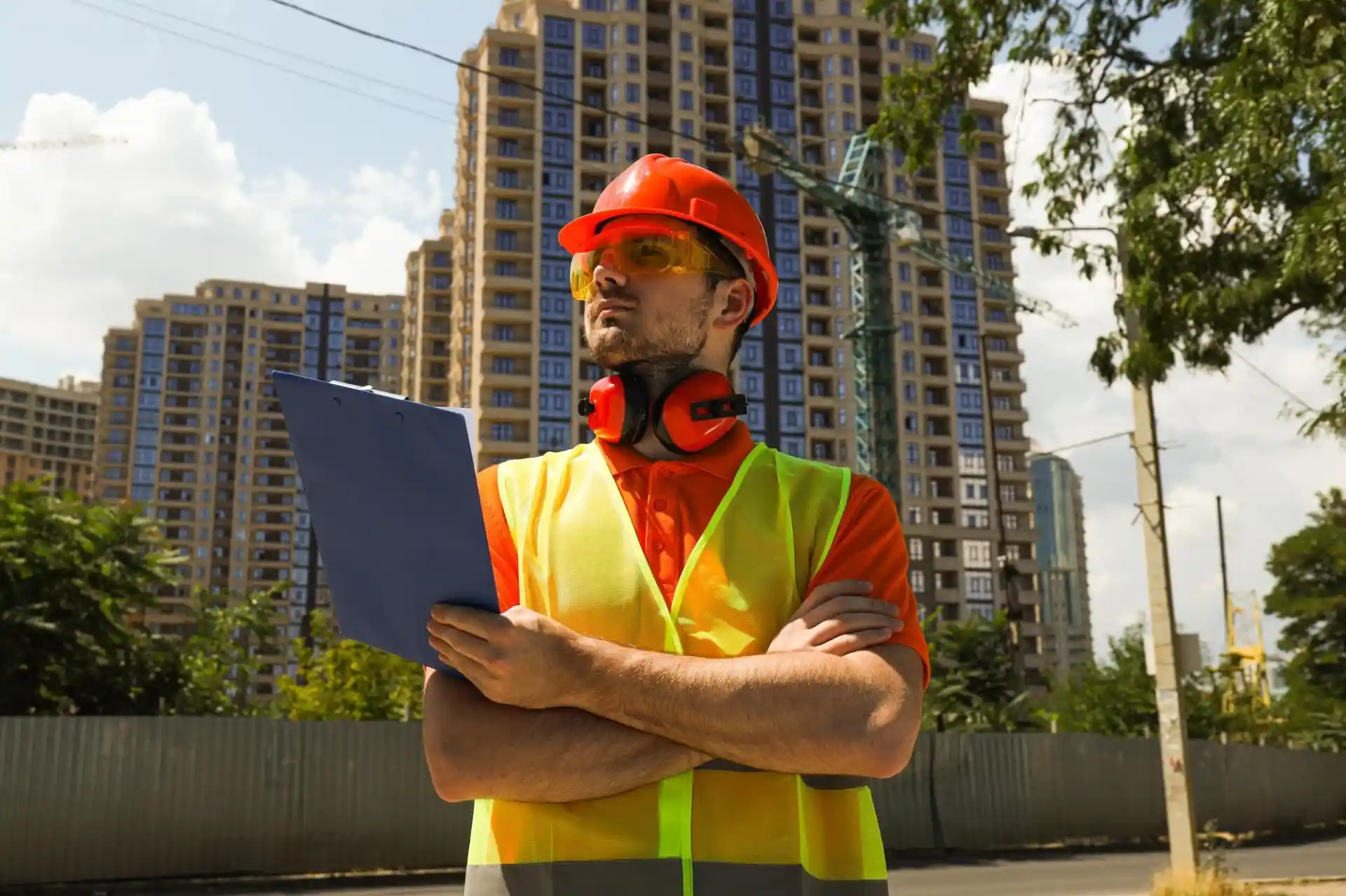 Engenheiro de construção civil com capacete e colete em obra de prédio residencial, analisando projeto com prédios altos ao fundo.