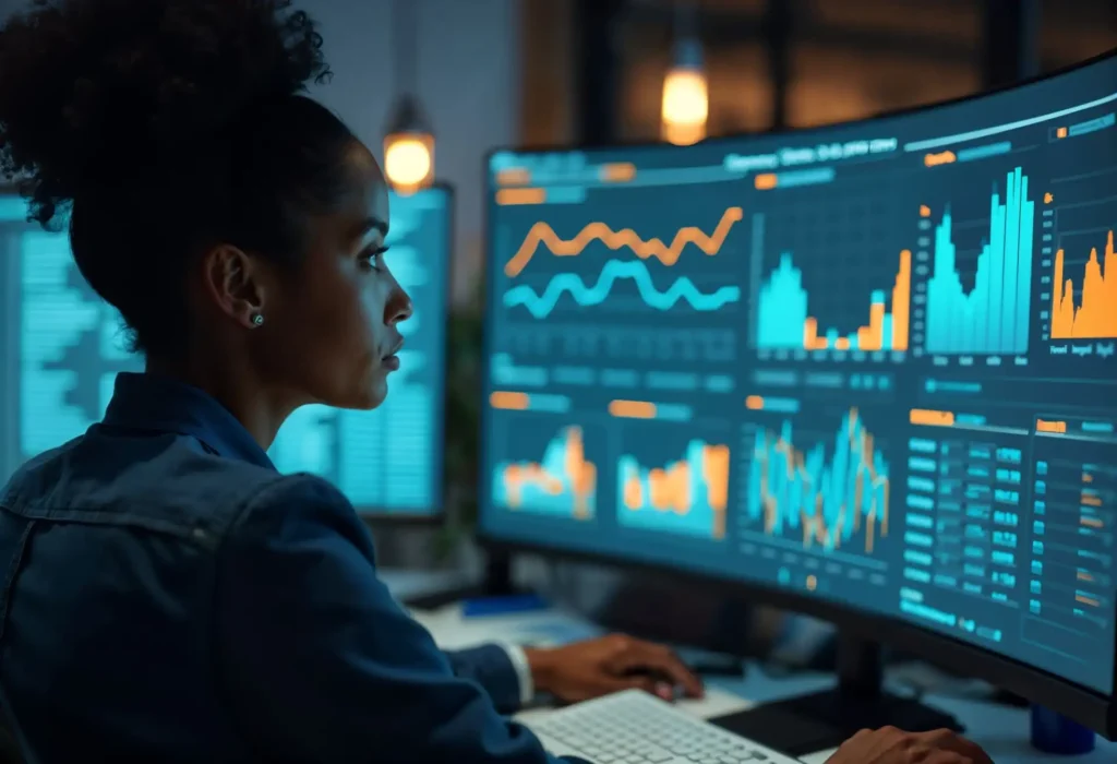 Imagem realista, gerada por inteligência artificial, de uma profissional de Marketing Data-Driven negra analisando diversos dados, gráficos e tabelas em um extenso monitor.