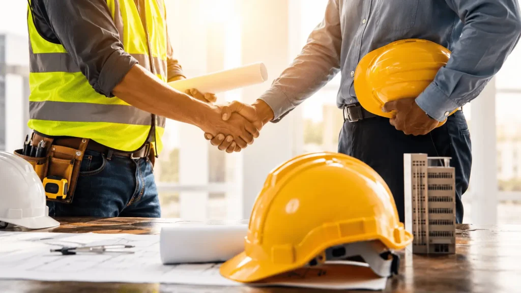 Imagem gerada por inteligência artificial do dono de uma empresa de construção civil apertando a mão de um engenheiro, simbolizando uma contratação.