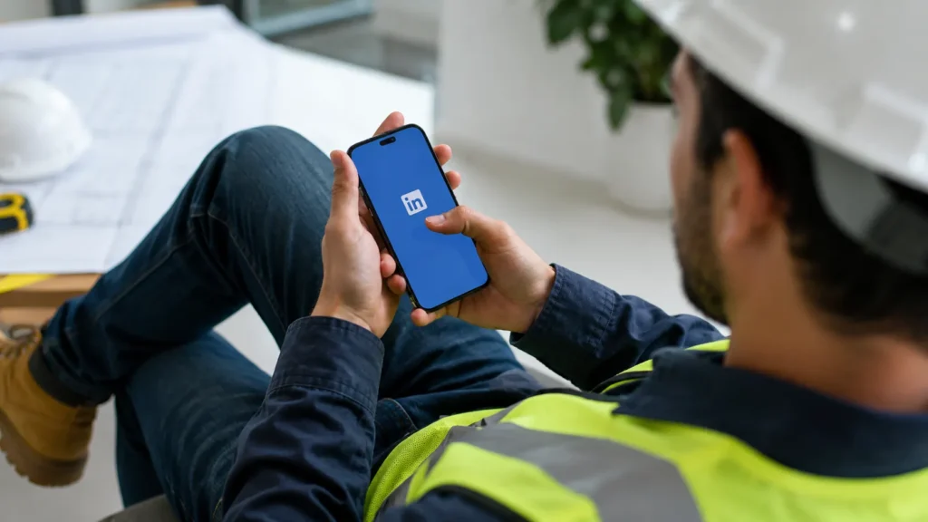 Foto de um engenheiro no escritório da construtora em que trabalha, acessando seu perfil no LinkedIn.