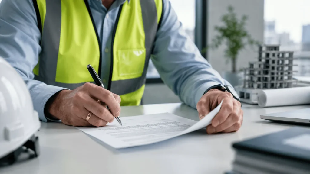 Foto gerada por inteligência artificial de um engenheiro, dono da própria empresa de construção civil, assinando um contrato com a Mutum, Agência de Marketing B2B.