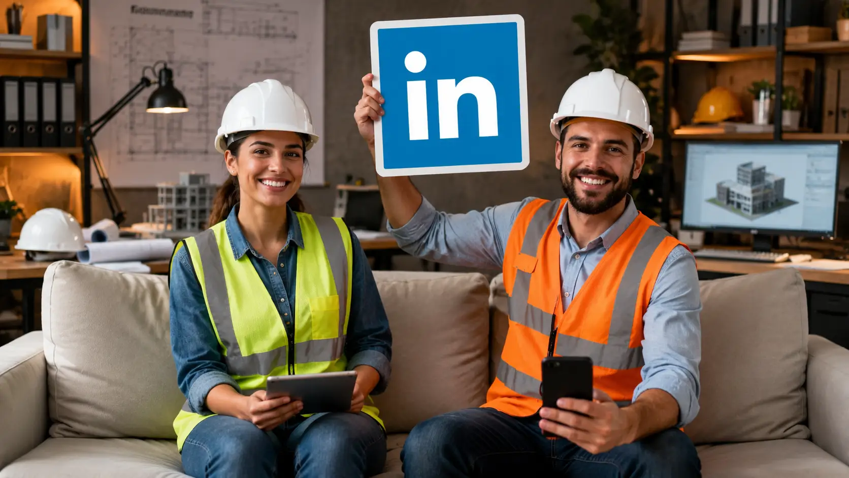 Imagem gerada por inteligência artificial de dois profissionais de engenharia sentados no sofá do escritório da empresa de construção civil onde trabalham, com o homem segurando a logo do LinkedIn entre os dois.