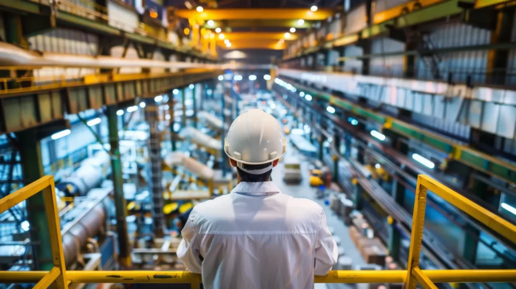 Foto da vista em perspectiva de um profissional de segurança com capacete branco observando o interior de um armazém logístico automatizado, com esteiras e racks ao fundo.