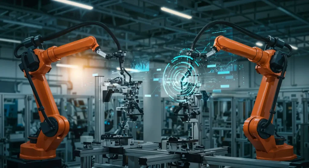 Foto de robôs industriais com braços laranja realizando automação em uma fábrica moderna, com visão computacional e interface de dados.
