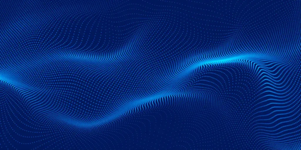 Fundo abstrato em tons de azul com padrão ondulado e textura de pontos que criam linhas curvas e efeito hipnótico de ondas, estilo tecnológico.