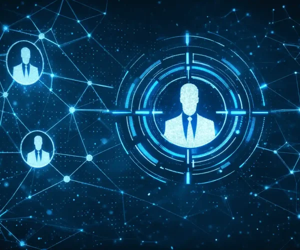 Imagem gerada por inteligência artificial de uma rede de conexões e perfis de pessoas executivas, representando o direcionamento do Account-Based Marketing (ABM) 2.0 para contas com real possibilidade de gerar negócios de valor.