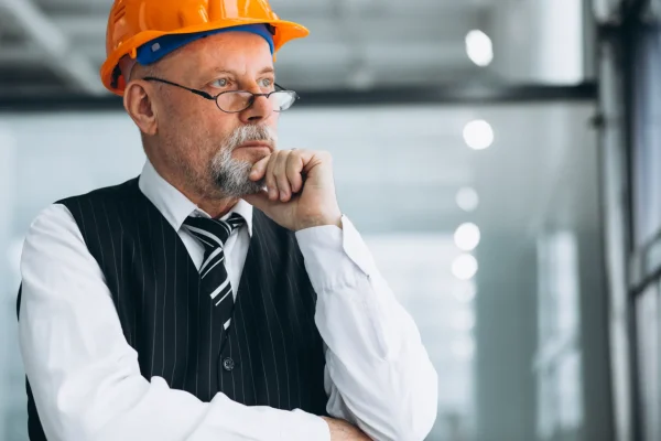 Foto de um CEO de uma empresa de construção civil pensando sobre como escolher a melhor agência de marketing B2B, com expertise no setor de engenharia.