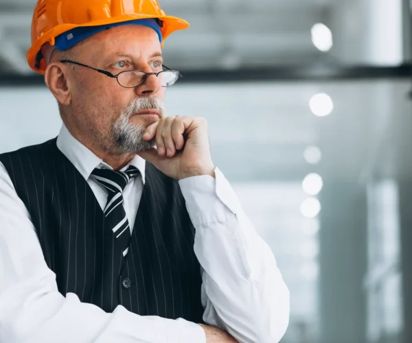 Foto de um CEO de uma empresa de construção civil pensando sobre como escolher a melhor agência de marketing B2B, com expertise no setor de engenharia.