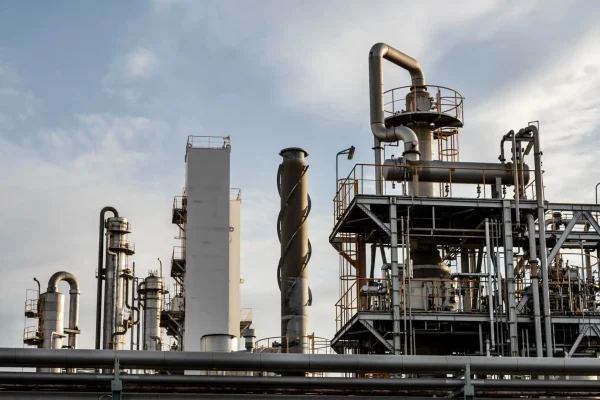 Foto de uma instalação industrial de refinaria com tubulações, torres de processo e estrutura metálica ao ar livre, com equipamentos de destilação e dutos conectados.