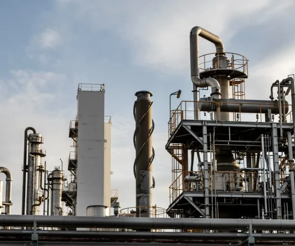 Foto de uma instalação industrial de refinaria com tubulações, torres de processo e estrutura metálica ao ar livre, com equipamentos de destilação e dutos conectados.