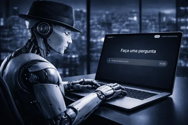 Imagem futurista gerada por inteligência artificial de um robô humanoide de chapéu preto usando um computador portátil aberto na tela inicial do ChatGPT, representando o conceito de Black Hat GEO.