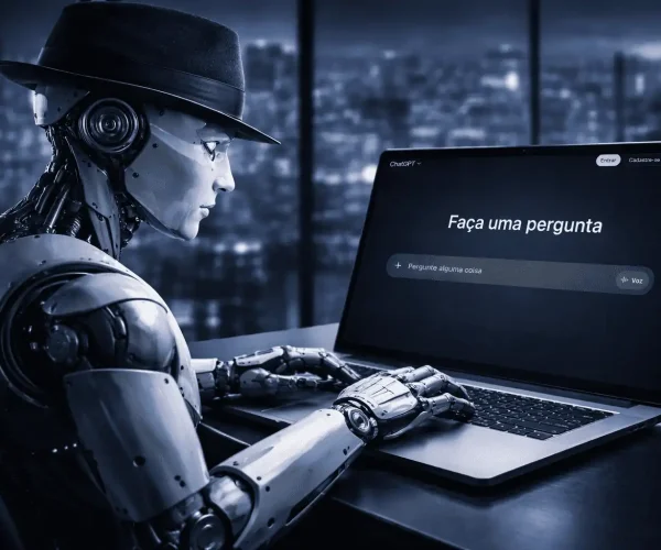 Imagem futurista gerada por inteligência artificial de um robô humanoide de chapéu preto usando um computador portátil aberto na tela inicial do ChatGPT, representando o conceito de Black Hat GEO.