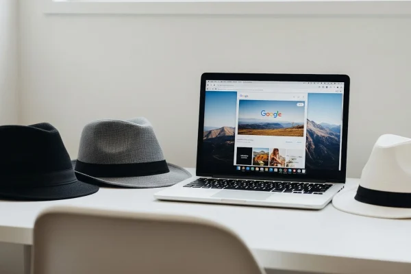 Chapéus preto, cinza e branco espalhado em cima de uma mesa com um notebook aberto na página inicial do Google, representando práticas boas e ruins de SEO.