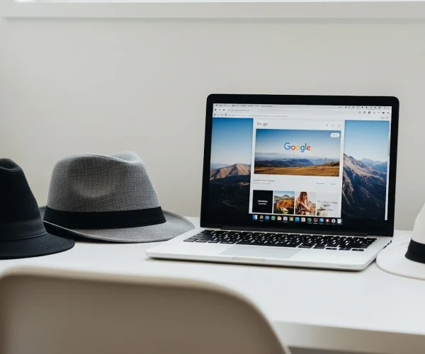 Chapéus preto, cinza e branco espalhado em cima de uma mesa com um notebook aberto na página inicial do Google, representando práticas boas e ruins de SEO.