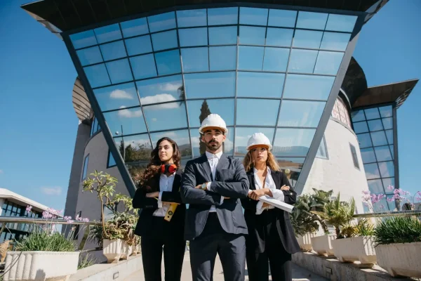 Foto de três engenheiros com capacetes de segurança posando na frente de um edifício moderno de vidro, transmitindo confiança e inovação em projetos de construção civil.