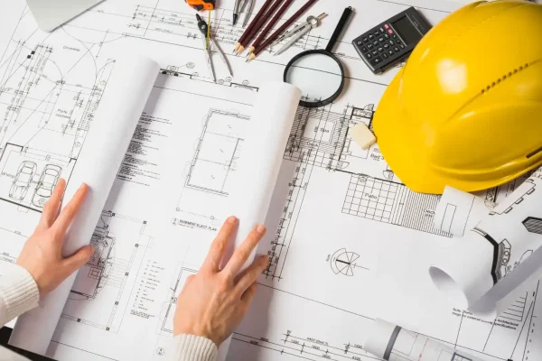 Foto de projetos de construção civil com plantas, ferramentas de desenho, uma calculadora, uma lanterna e um capacete de segurança amarelo.
