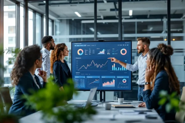 Imagem gerada por inteligência artificial de uma equipe de marketing interpretando dados para tomar decisões com mais precisão em um escritório, representando o conceito de data-driven marketing.