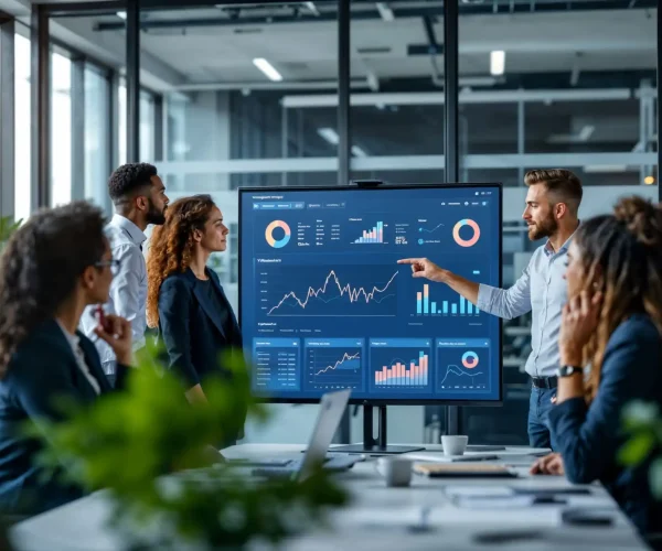 Imagem gerada por inteligência artificial de uma equipe de marketing interpretando dados para tomar decisões com mais precisão em um escritório, representando o conceito de data-driven marketing.