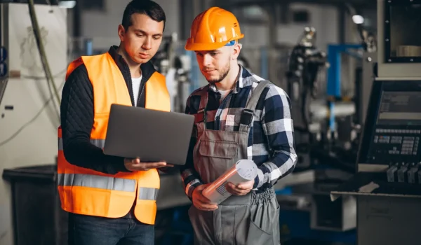 Foto de dois trabalhadores de indústria em ambiente de fábrica usam coletes e capacete de segurança, um deles segura um documento e o outro analisa um notebook.