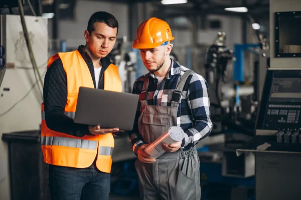 Foto de dois trabalhadores de indústria em ambiente de fábrica usam coletes e capacete de segurança, um deles segura um documento e o outro analisa um notebook.