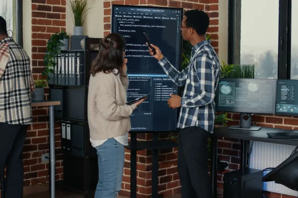 Foto de um time de desenvolvedores de uma empresa de tecnologia discutindo sobre um código em um monitor de parede.