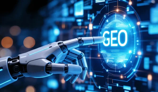 Imagem gerada por inteligência artificial de uma mão robótica humanoide apontando para a palavra "GEO", sigla de Generative Engine Optimization, em um ambiente digital futurista, simbolizando a evolução do SEO na era das IAs generativas.