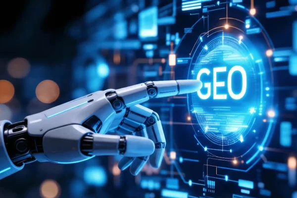 Imagem gerada por inteligência artificial de uma mão robótica humanoide apontando para a palavra "GEO", sigla de Generative Engine Optimization, em um ambiente digital futurista, simbolizando a evolução do SEO na era das IAs generativas.