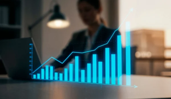 Imagem gerada por inteligência artificial de uma CMO (Chief Marketing Officer) trabalhando em um escritório moderno e, na frente dela, uma projeção de um gráfico de barras digital crescendo, representando o conceito de Growth Marketing B2B.