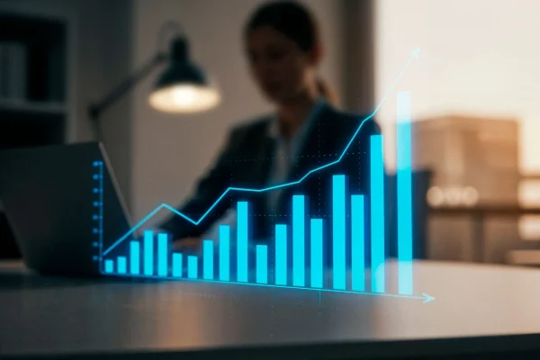 Imagem gerada por inteligência artificial de uma CMO (Chief Marketing Officer) trabalhando em um escritório moderno e, na frente dela, uma projeção de um gráfico de barras digital crescendo, representando o conceito de Growth Marketing B2B.