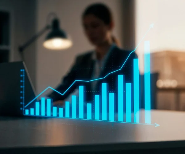 Imagem gerada por inteligência artificial de uma CMO (Chief Marketing Officer) trabalhando em um escritório moderno e, na frente dela, uma projeção de um gráfico de barras digital crescendo, representando o conceito de Growth Marketing B2B.