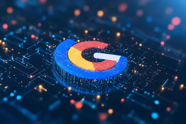 Imagem digital futurista mostrando a logo do Google com efeitos de luzes coloridas da cor da marca em um fundo tecnológico, representando inovação avançada.